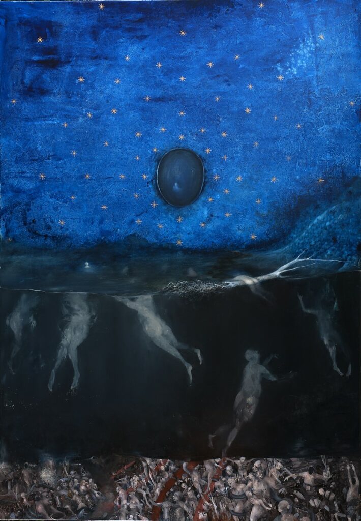 Sergio Padovani, Stelle aperte, 2020, olio, bitume e resina su tela, cm 230x160